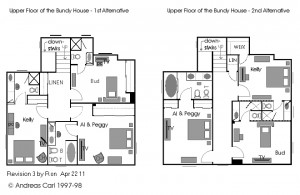 If the three windows  are facing the front to match the street view...<br />the plan on the right makes sense...<br />One episode showed Kelly's boyfriend at her bedroom window on a ladder  with a small dresser under the window..<br />Another episode showed  Bud's love interest on his bed  with the washroom door on the left and the entrance to his room is on the left side of the wall to the left of the washroom.<br />The discrepancy is with the  window in Al's  bedroom being on the side of the house <br />when one scene at night  showed a neighbour's house across the street.<br />This would not be the view if the window faced the next door neighbour